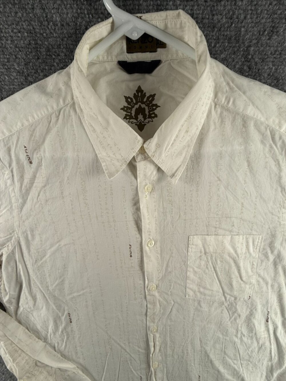 Kenzo Men Button Up Shirt Long Sleeve XL All Over Print AOP Ivory Woven Cotton